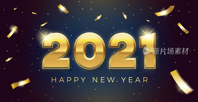 Vector Happy new year 2021 background with golden 3d text and explosion of conffeti. For seasonal holiday web banners, flyers and festive posters